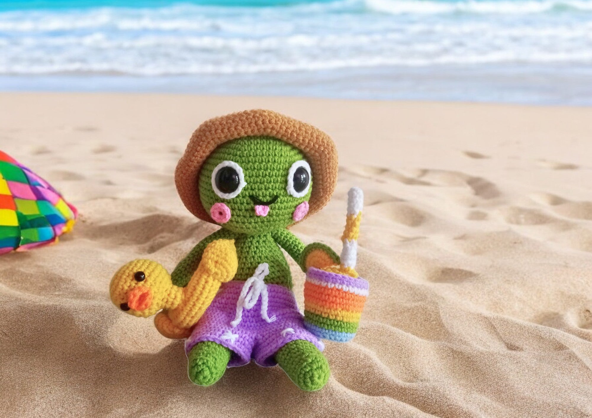 Crochet Frodo the Frog Pattern  – Summer Amigurumi with Duck & Juice Glass