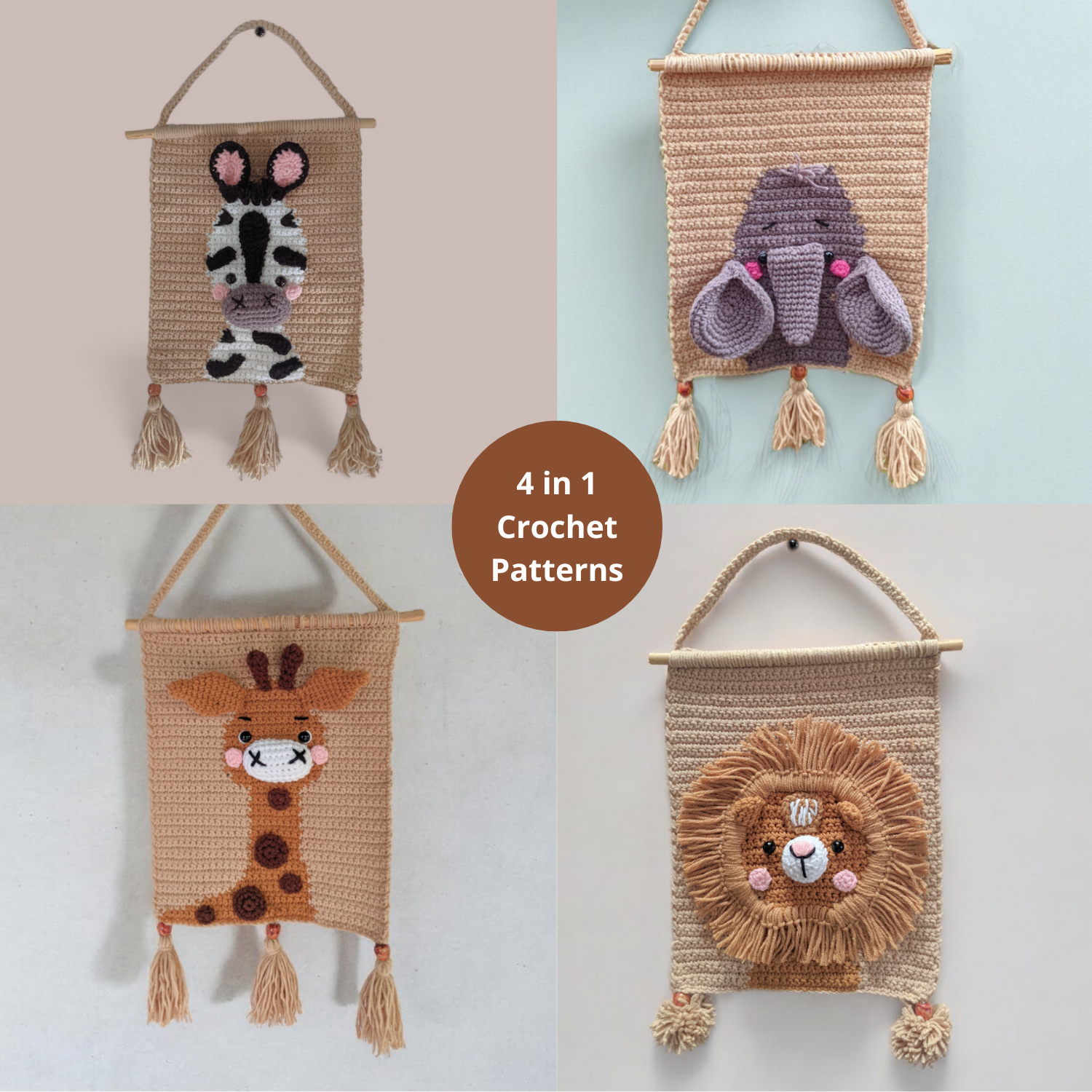 Safari Nursery Wall decor set of Crochet wall hangings