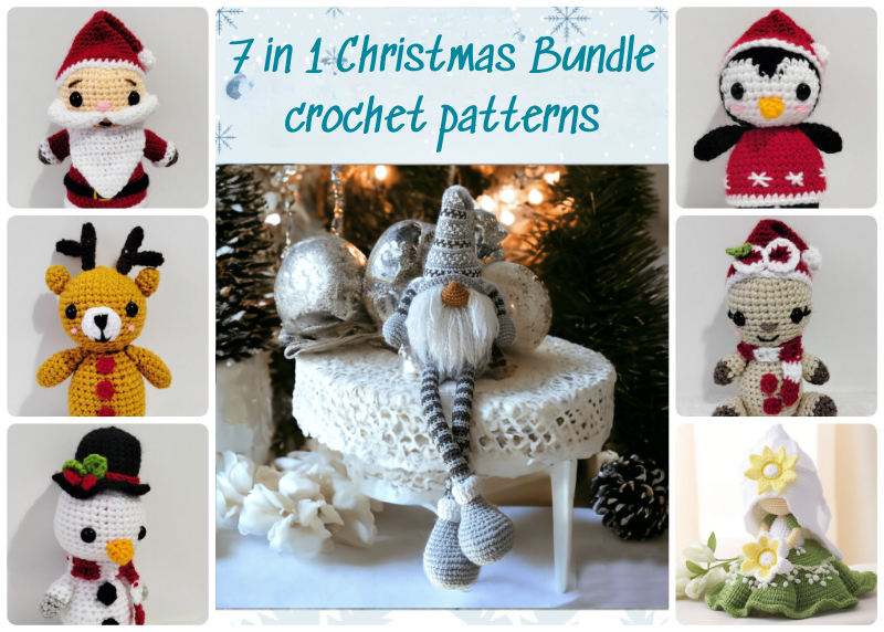 7 in 1 bundle Christmas crochet patterns : Santa, Penguin,Snowman, reindeer, Gnome & Fairy