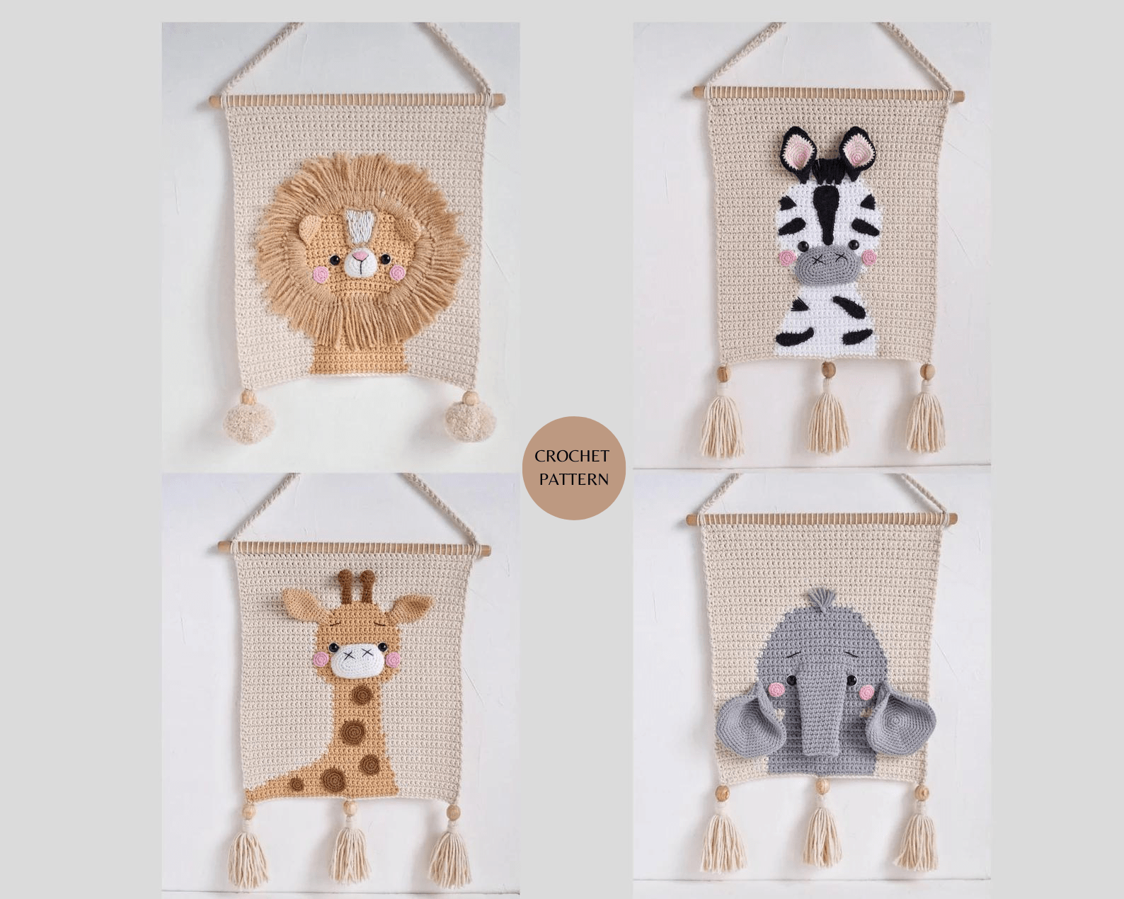 Crochet Safari Wall Hangings Pattern - Cute and Playful Animal Decor