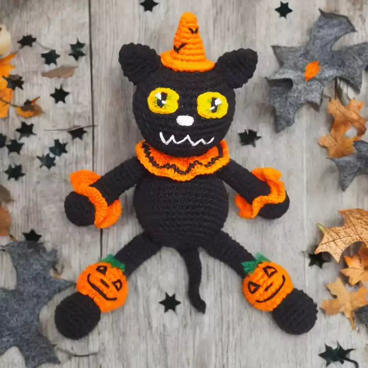 Crochet Squashed Halloween Cat Door stopper